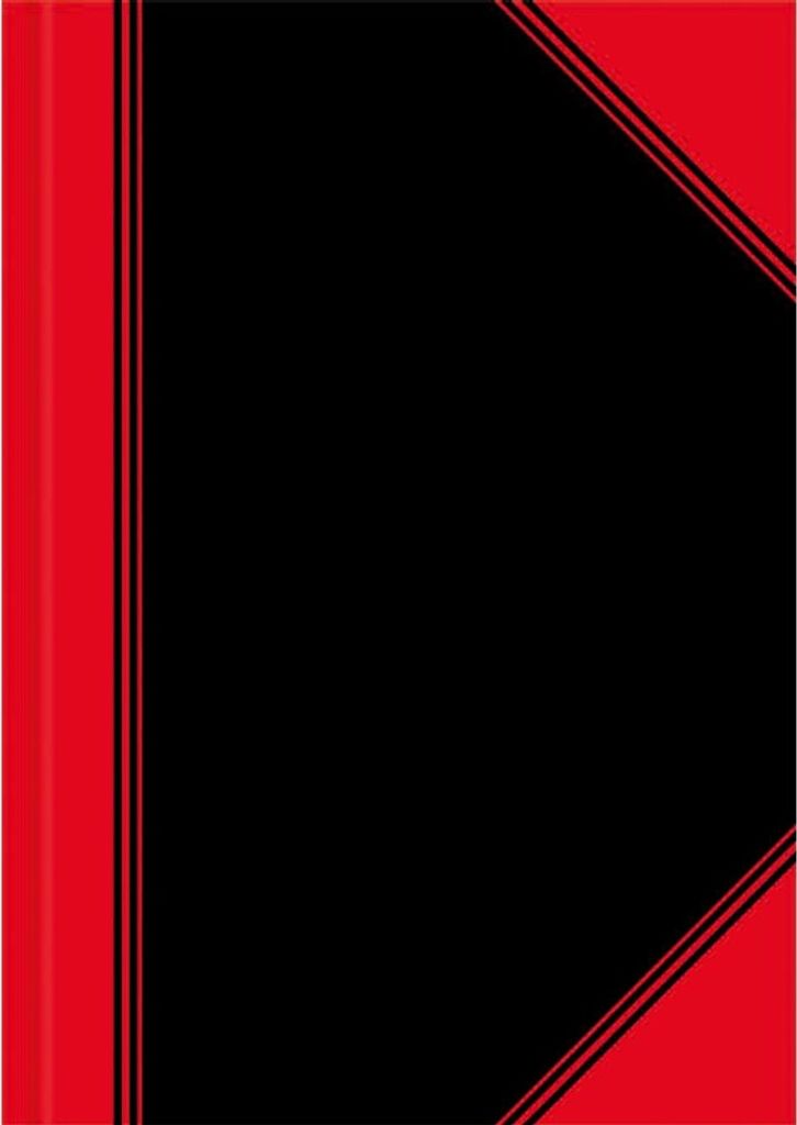 A close-up view of a black notebook with red decorative borders.