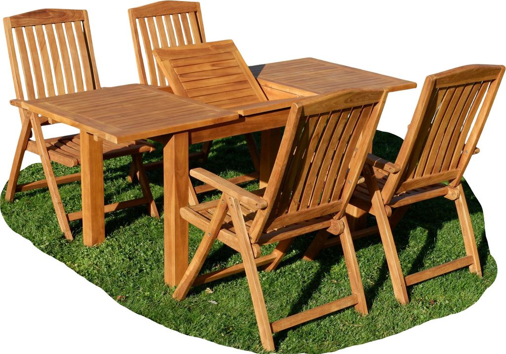 ALEOS. Teak Set Gartengarnitur Bigfuss Ausziehtisch 130-180 x 80 cm und 4 Tobago Hochlehner Stühle Gartenmöbelset