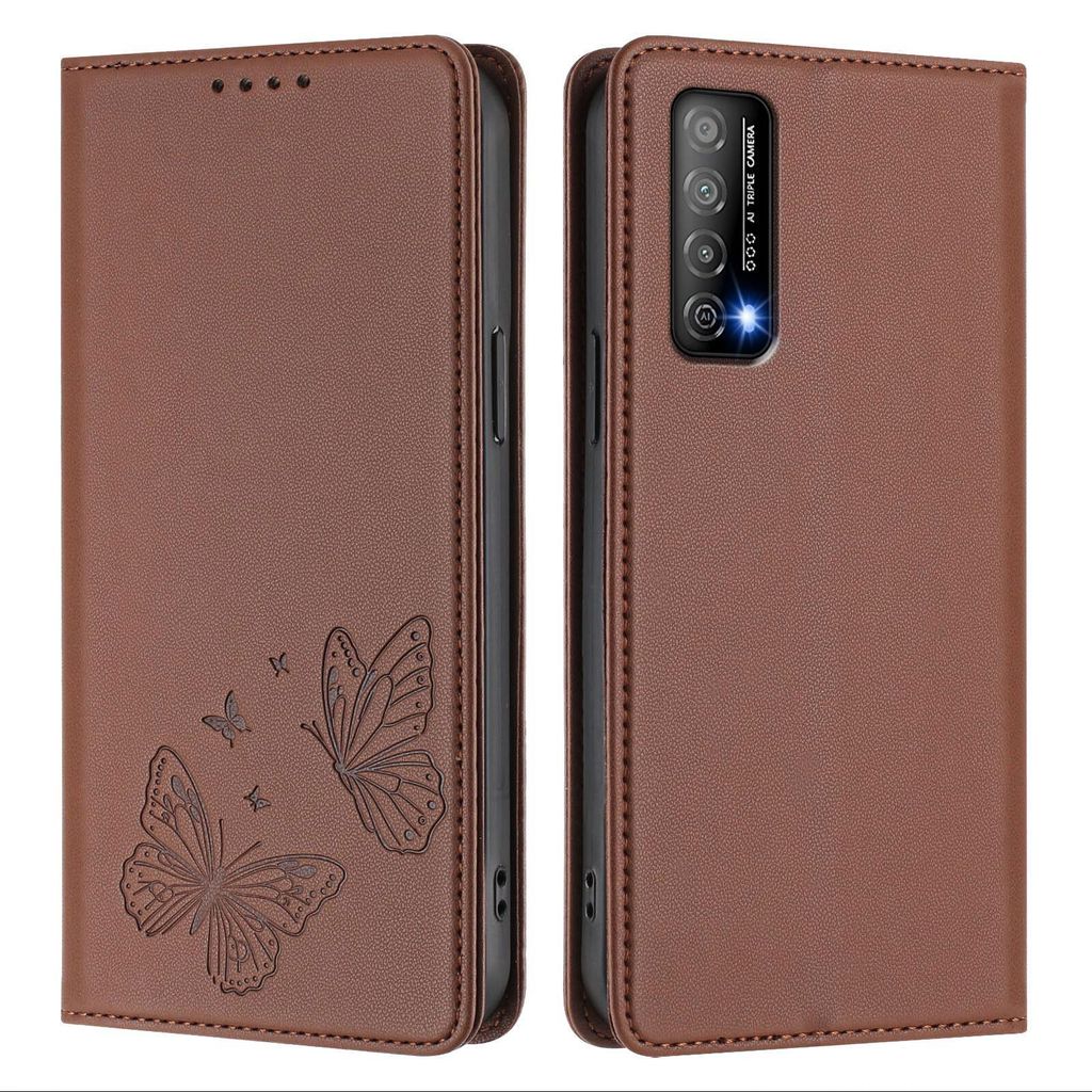 Lederhülle für Huawei Y7A/P Smart 2021, Schmetterling Prägung Leder Brieftasche Schutzhülle mit Ständer Braun