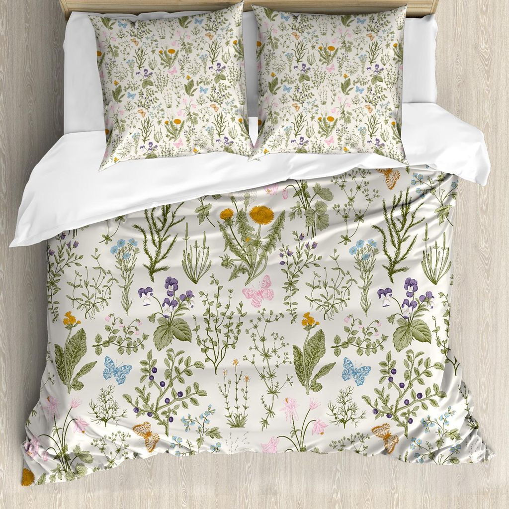 ABAKUHAUS Blumen Bettbezug Set, Weinlese Garten Pflanzen Mit Kräuterblumen Botanischen Klassischen Entwurf, 200 x 200 cm + 80 x 80 cm, Reseda Grü...