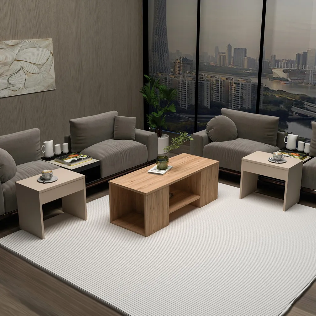 Ensemble Table Basse Sartos en Mélaminé Robuste Pin Atlantique 100x40 cm