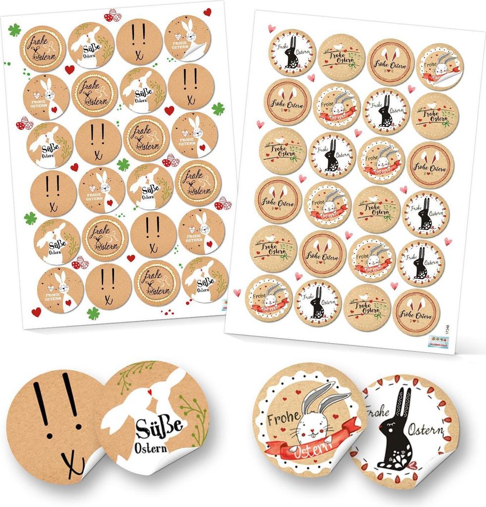 SET 96 Frohe Ostern Aufkleber Osterhase Osterdeko bunt Osteraufkleber rund Verpackung Kindergeschenke Geschenke Give-Away beige rot weiß schwarz