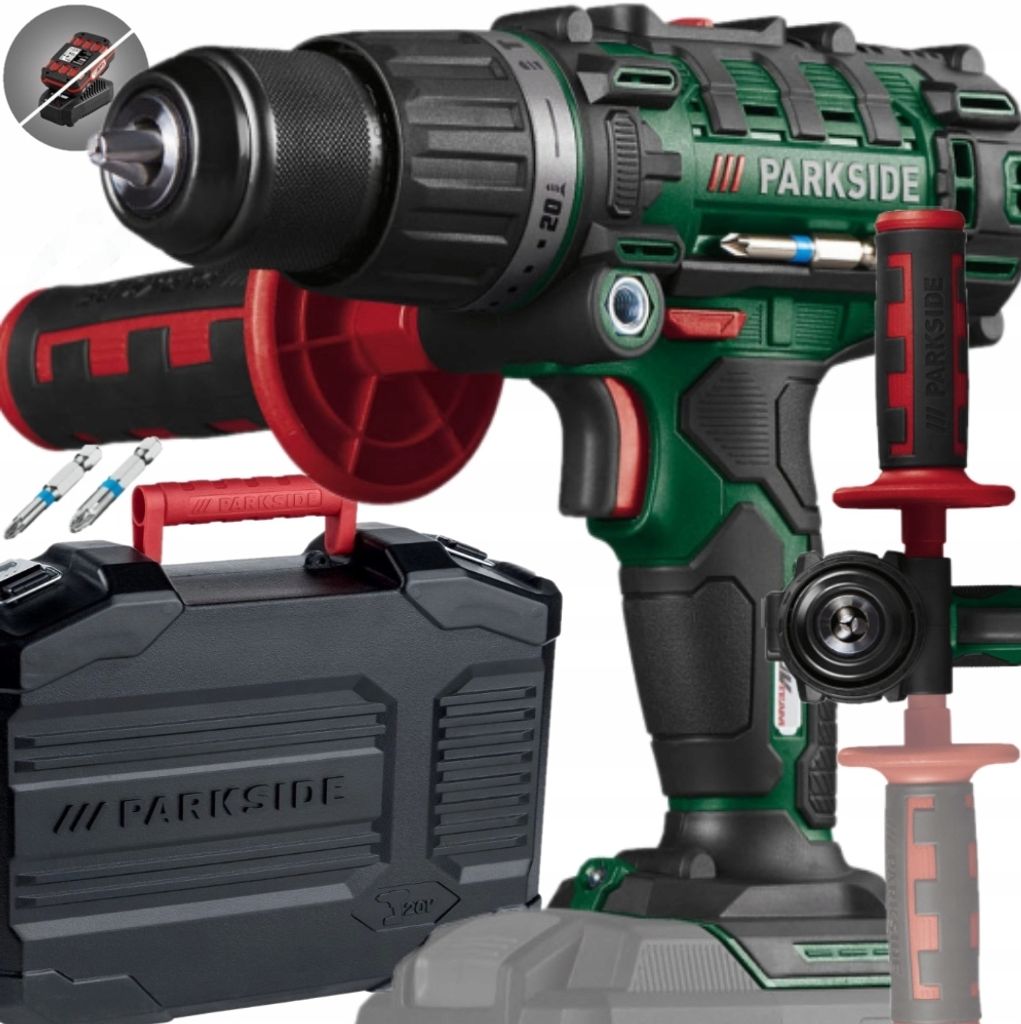 A cordless drill and its accessories are displayed against a white background.