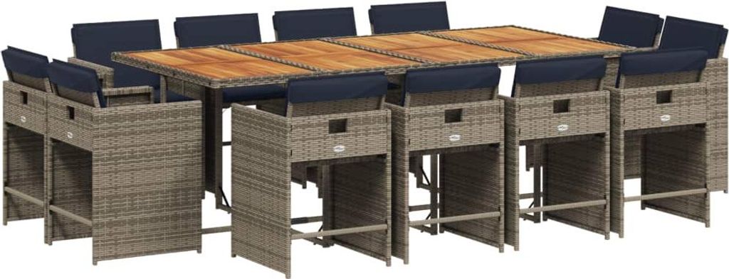vidaXL 13-teiliges Garten-Ess-Set mit Kissen, grau, Polyrattan