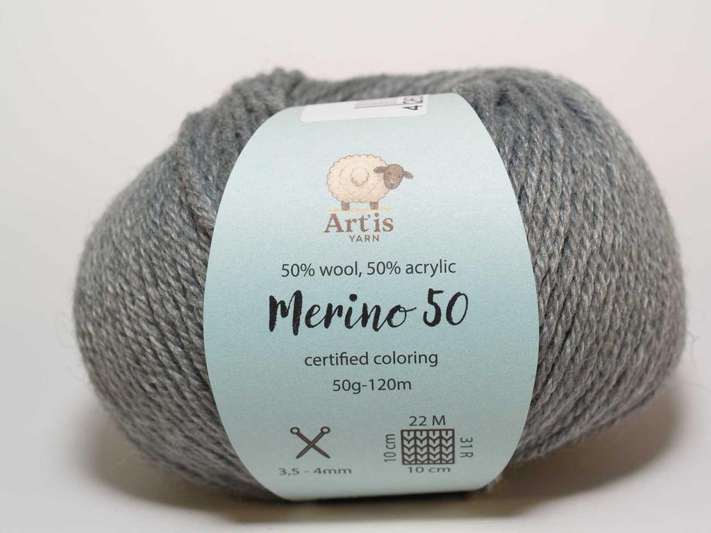 Merino 50 Art'is Yarn 50% Wolle, 50%.Polyacryl | e Farben (902 helles melange-grau)