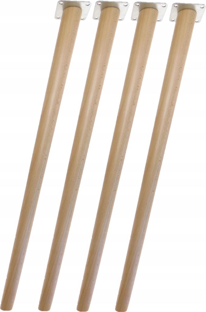 Four wooden table legs with metal mounting plates, arranged diagonally against a white background.