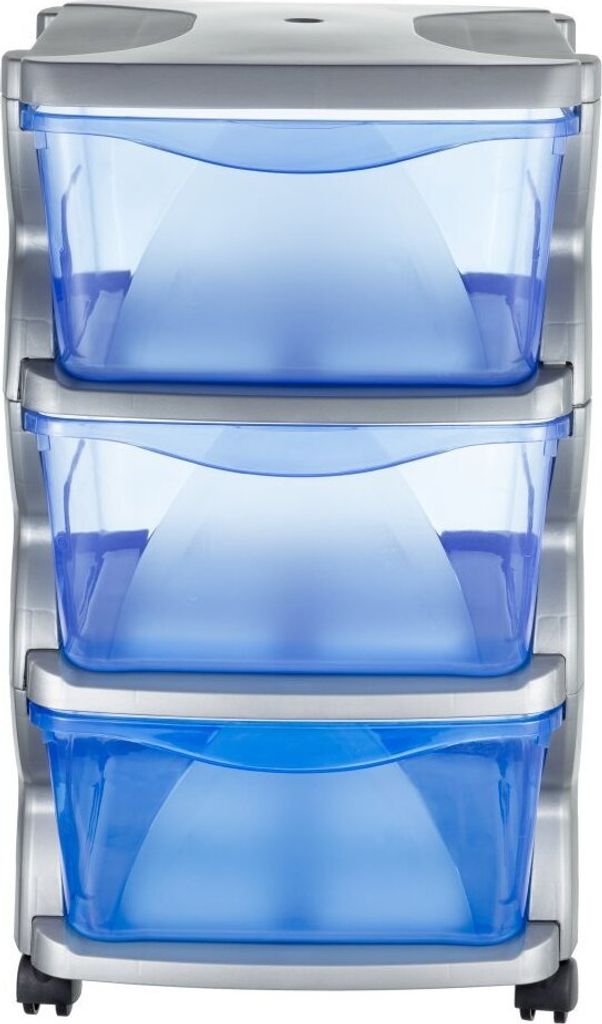 A three-drawer storage unit with blue transparent drawers.