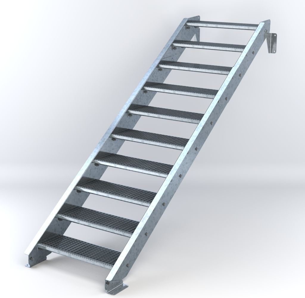 Stahltreppe 10 Stufen bis Höhe 200 cm, Laufbreite : 80 cm kein Geländer ST 3 (31 / 9 mm schmal)
