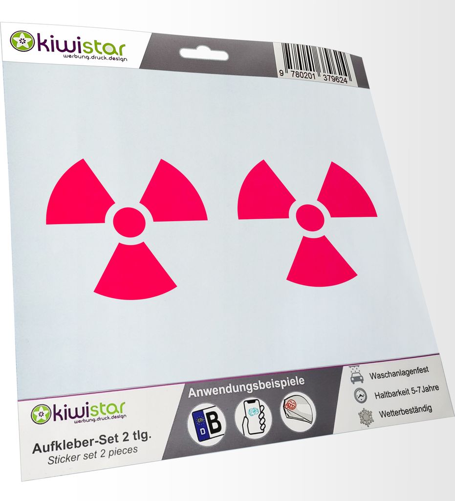 Kiwistar - 2x Kennzeichenaufkleber - neonpink - 21 mm Radioaktiv - Strahlung - Kontamination - Autoaufkleber - Aufkleber für Auto, Laptop, Fahrrad...