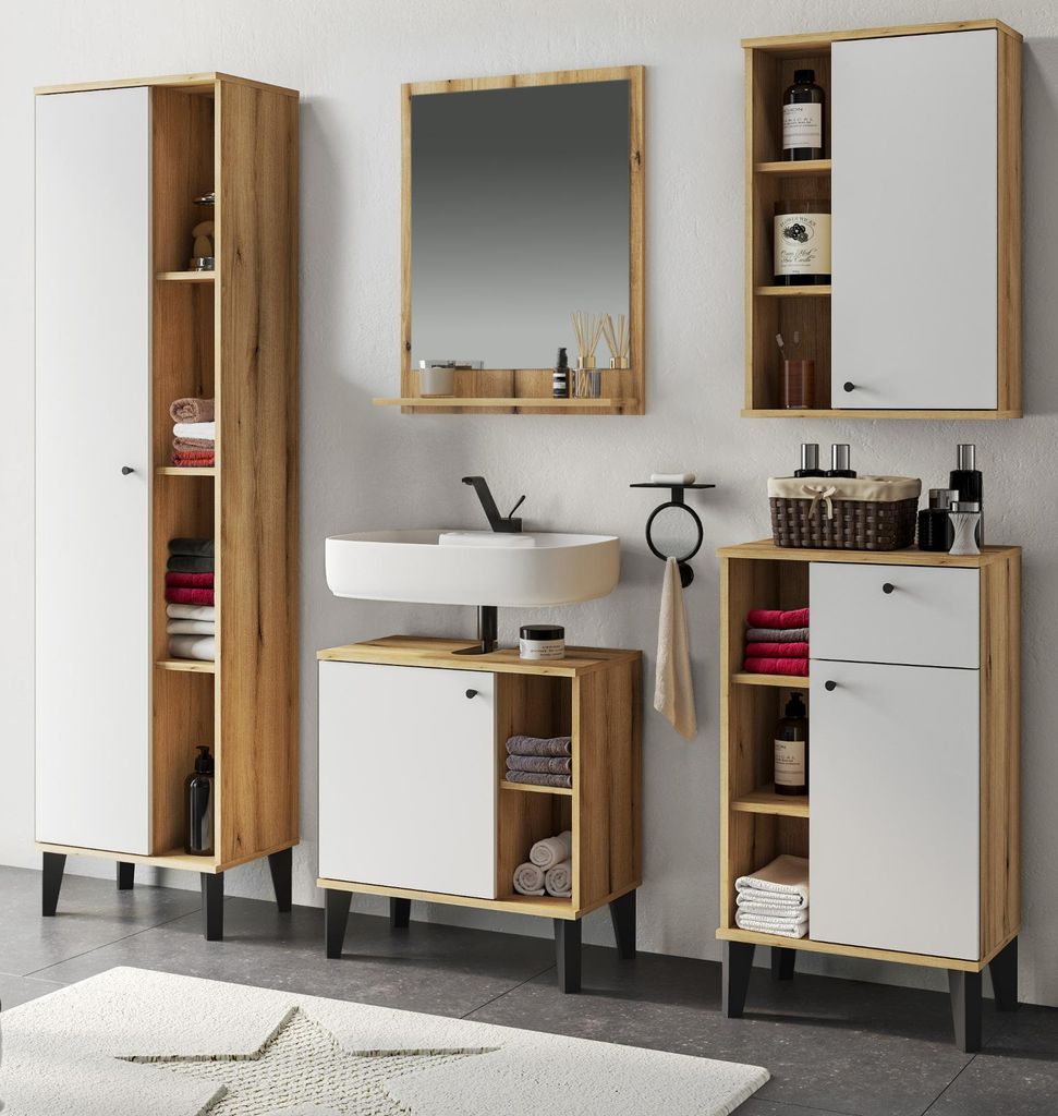 Badmöbel Set 5-teilig "Torsby" in weiß und Evoke Eiche Badkombination 182 x 190 cm