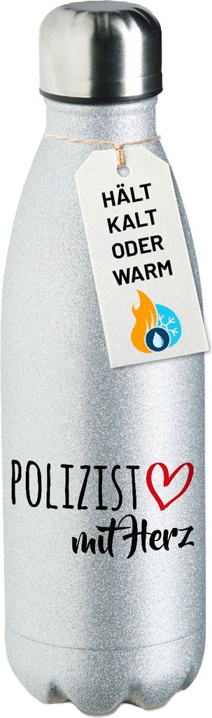 Huuraa Trinkflasche Polizist mit Herz 500ml Silver Edelstahl Wasserflasche Trinkflasche Geschenkidee