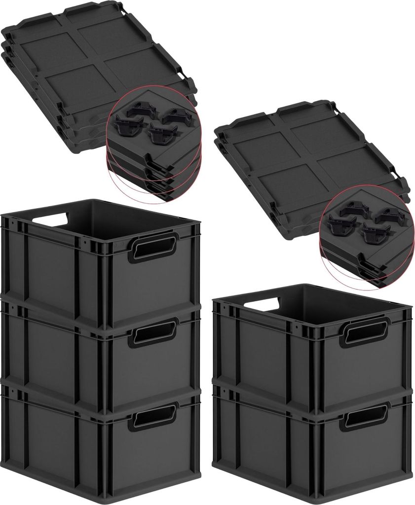 SparSet 5x Eurobox NextGen Color mit Auflagedeckel und Schiebeschnappverschlüsse | HxBxT 22x30x40cm | 20 Liter | Schwarz | Griffe schwarz offen | ...