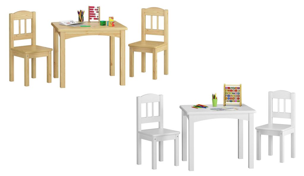 Kindersitzgruppe in weiß oder Holzfarbe Massiv mit Tisch Produktbild 
