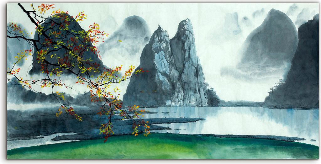 Coloray Glasbild 140x70 Wandbild Glasbilder Wand Kunst Chinesische Berge Nebelsee