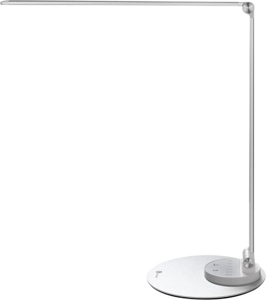 A modern silver and white LED desk lamp on a white background.