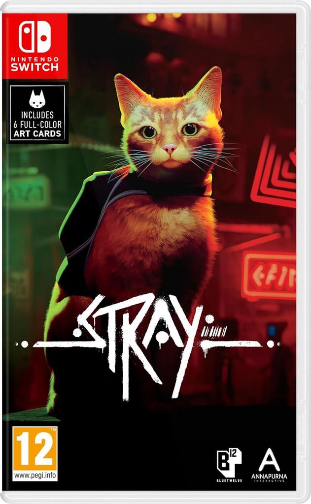 The cover art for the Nintendo Switch game 'Stray', featuring a cat wearing a backpack against a dark, urban background with neon lights.