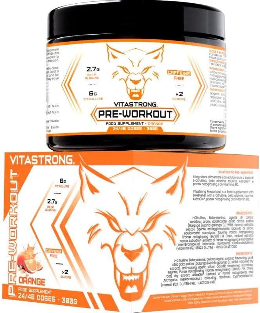 Pre Workout Booster Ohne Koffein 300g, Vegan Preworkout mit Vitamin B12, Citrullin, Beta-Alanin, enXtra Galanga, Taurin Pulver, AstraGin, Vitastrong