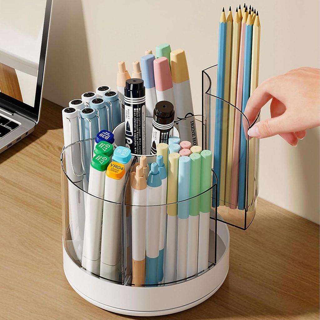 360° drehbarer Stifthalter-Organizer - Schreibtisch-Organizer mit 6 Fächern und abnehmbarem Stiftebecher - weiß - Kosmetik, Stifte, Schulbedarf,...