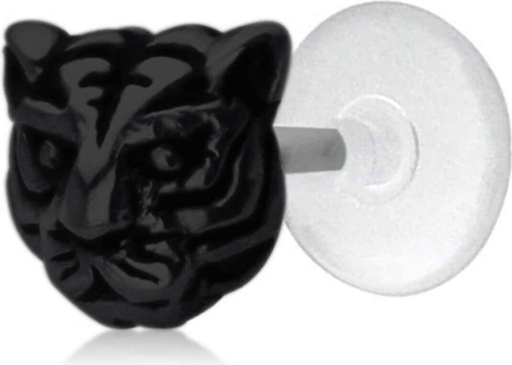 Ohrring Tragus Ohrpiercing 925 Sterling Silber mit Tigerkopf Material - Silber schwarz-plattiert Stablänge - 6 mm