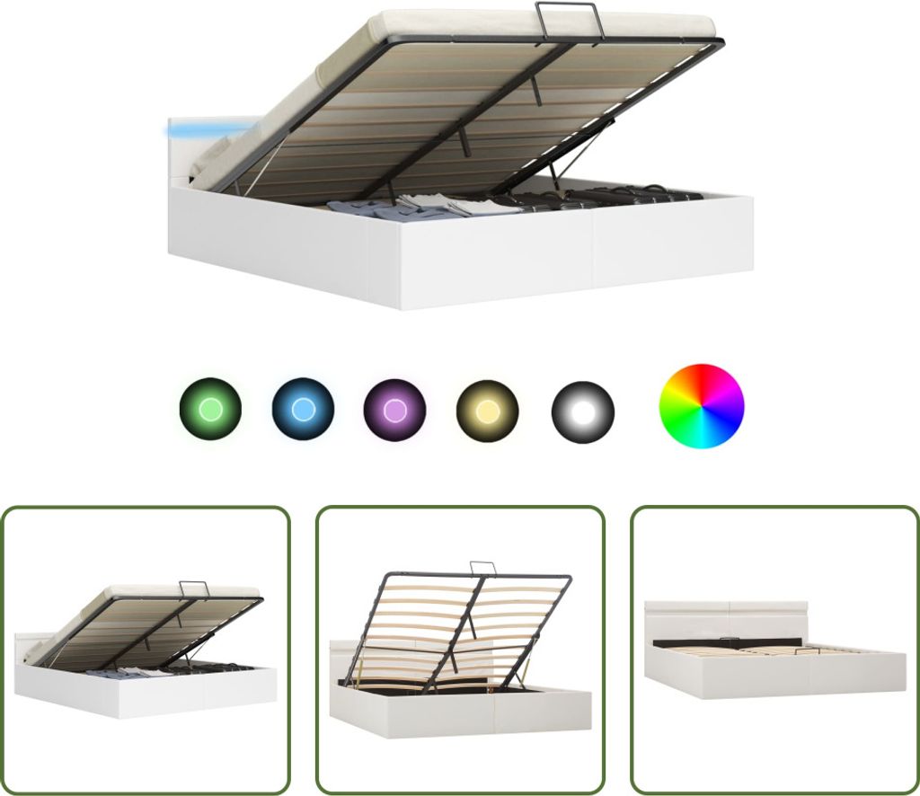 The Living Store Bett mit Bettkasten Hydraulisch LED Weiß Kunstleder 180x200 cm