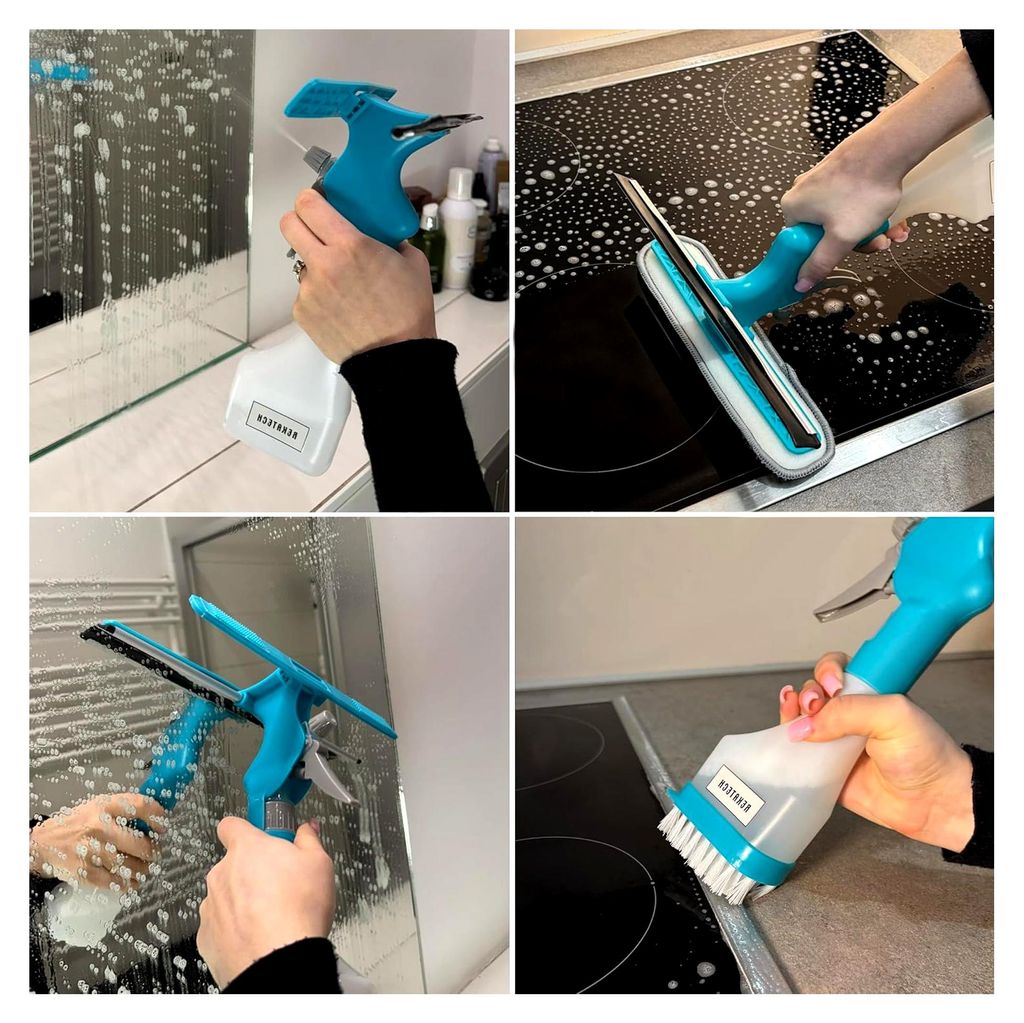 Fensterabzieher & Sprühwischer 4 in 1, 250ml Sprühflasche, kratzfreier Microfaser Wischmop, Fensterputzer, Putzbürste – für Fenster, Dusche, ...