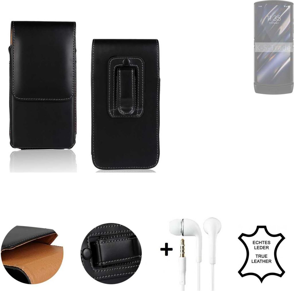 K-S-Trade Leder Gürteltasche + Kopfhörer kompatibel mit Motorola Razr (2019) Seitentasche Belt pouch Holster Handyhülle Schutz Hülle Etui schwarz