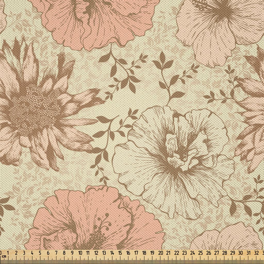 ABAKUHAUS Blumen Satin Stoff als Meterware, Weinlese-Liebe-Retro- farbiges exotisches Hibiscus Plant Blooming Live, das Natur gibt, 1 M (148 x 100 ...