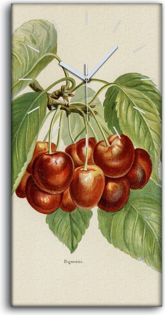 Leinwand Uhr Küche Wohnzimmer Bild 30x60 Gemälde Obst Kirschen Zweig Blätter - weiße Hände
