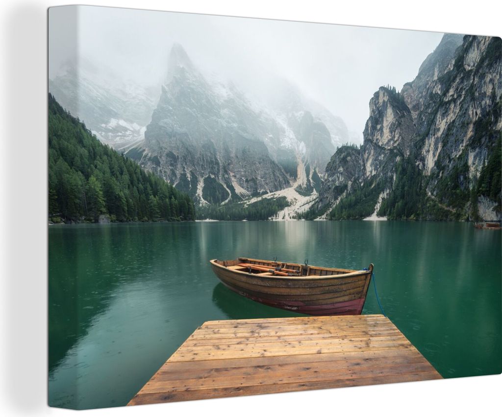 OneMillionCanvasses - Leinwandbilder - 140x90 cm, Nebel - Schnee - Berg - Boot, Wandbilder Kunstdruck Wanddekoration - Foto auf Leinwand - Gemäl...