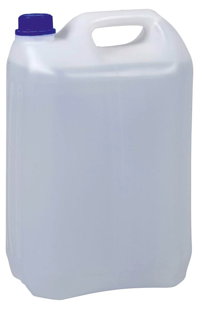 A clear, studio shot of a translucent plastic jerrycan with a blue cap.