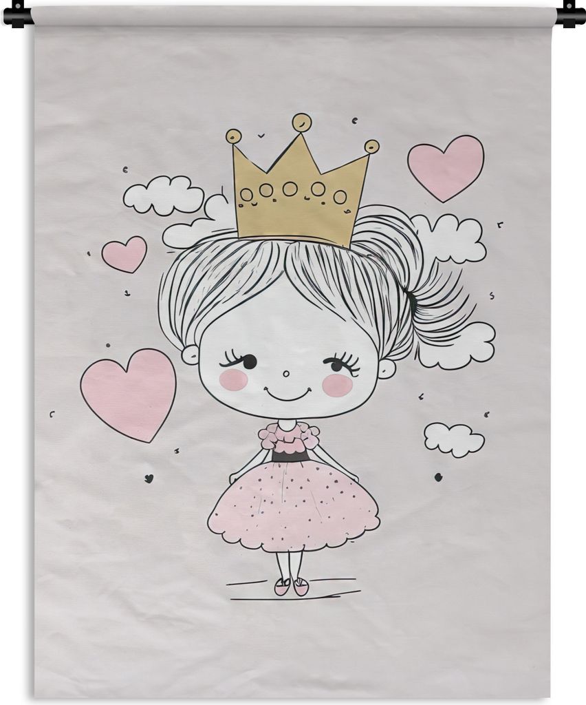 MuchoWow Wandteppich Wandbehang Prinzessin - Krone - Rosa - Mädchen - Pastell 150x200 cm Tapisserie Dekoration Wandtuch - Wandaufhängung - Mode...