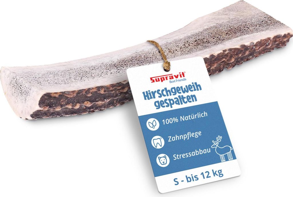 Supravit Gespaltenes Hirschgeweih S | 100% Rothirsch-Geweih für Hunde | Natürlicher Kauknochen | Nachhaltige Zahnpflege & Beschäftigung