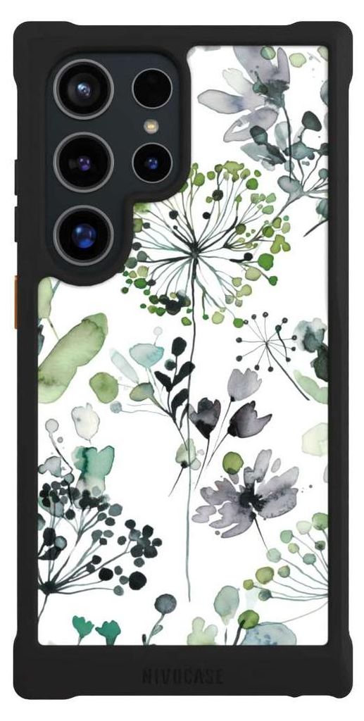 NIVOCASE Hülle für Samsung Galaxy S24 Ultra Stoßfeste Handyhülle NIVOmax Case Schwarz Blumen Wasserfarbe Eukalyptus