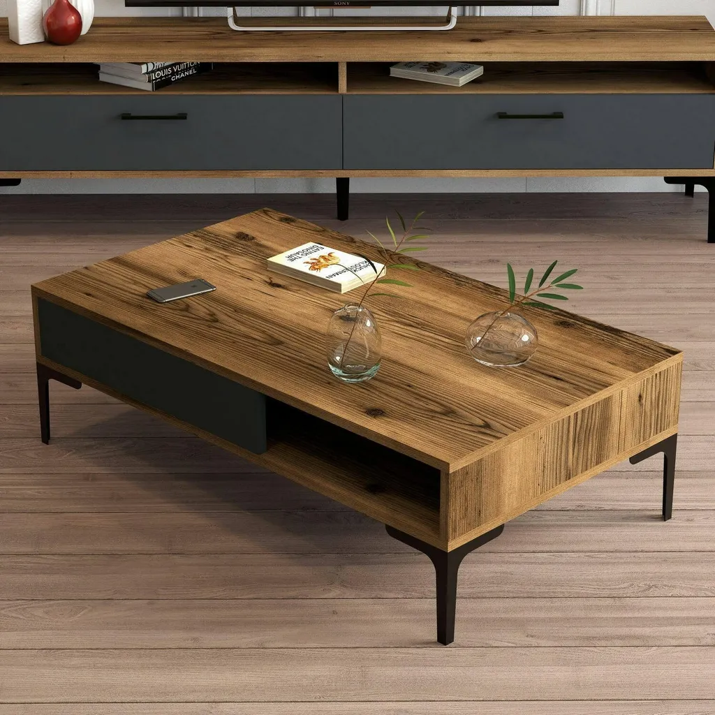 Table Basse Gru Effet Noyer 105 cm avec Compartiment de Rangement Bas - 4