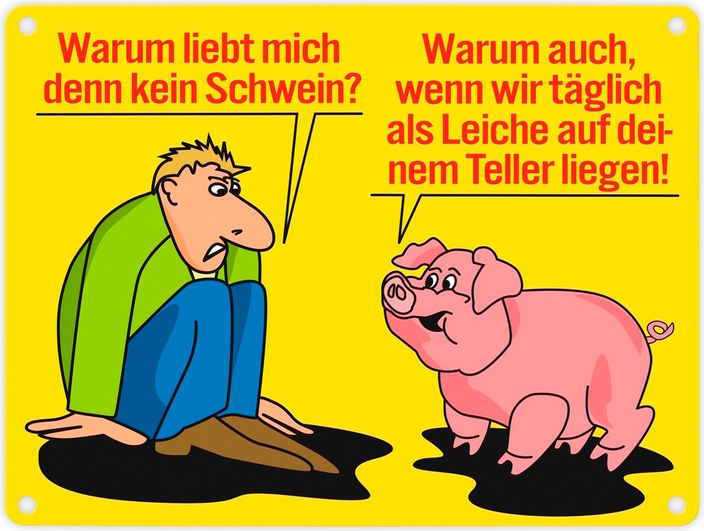 Schweine Metallschild in 15x20 cm in gelb zum Thema Fleischesser und Vegetarier
