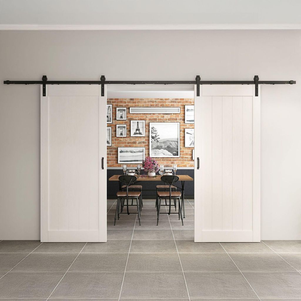 Holzschiebetür 2-flügelig 1800x2150 mm, Scheunentor Weiß, Komplettset inkl. offene Laufschiene in Schwarz und Softclose