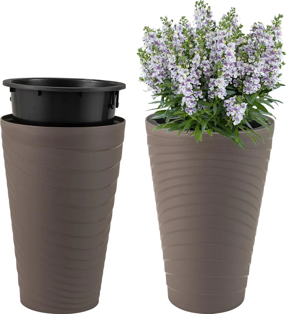 Cache-pot rond haut 45cm en plastique gris avec bac interne pour jardin