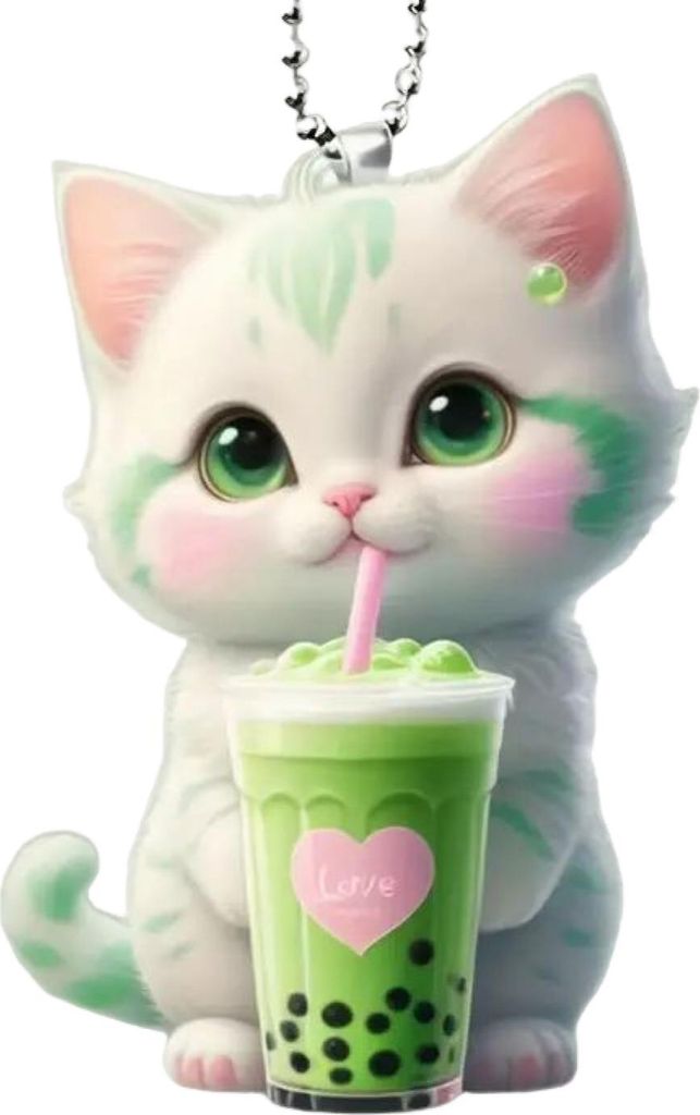 Milchtee-Katze zum Aufhängen, Dekoration mit Perlenkette, doppelseitig, Acryl, 2D-Cartoon-Kätzchen, Auto-Rückspiegel, hängender Ornament-Anhänger