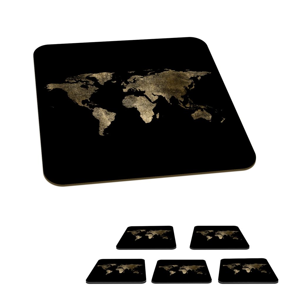 KitchenYeah Glasuntersetzer Quadratisch 6er Set Weltkarte - Luxus - Gold 10x10 cm Untersetzer für Gläser - Getränkeuntersetzer - Tischplattens...