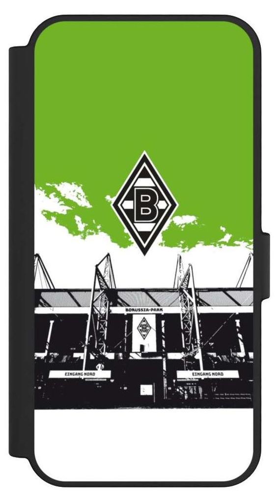 NIVOCASE Klapphülle für Samsung Galaxy S24 FE 5G Handyhülle aus Kunst Leder NIVOflip schwarz Borussia Mönchengladbach Fanartikel Stadion