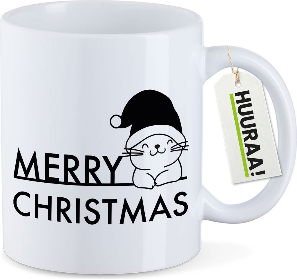 Huuraa Kaffeetasse Merry Christmas Katze 330ml Weiß Keramik Kaffeebecher Geschenkidee