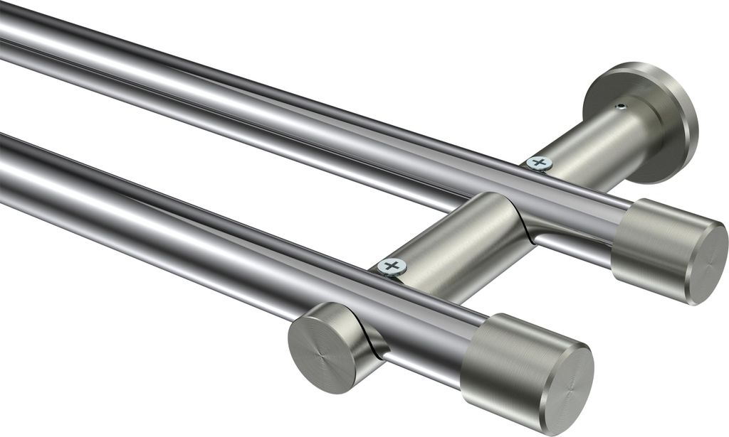 Interdeco Gardinenstange / Vorhangstange Chrom / Edelstahl-Optik, Typ Platon Santo (Kappe) ohne Ringe, 20 mm Ø 2-läufig, 120 cm