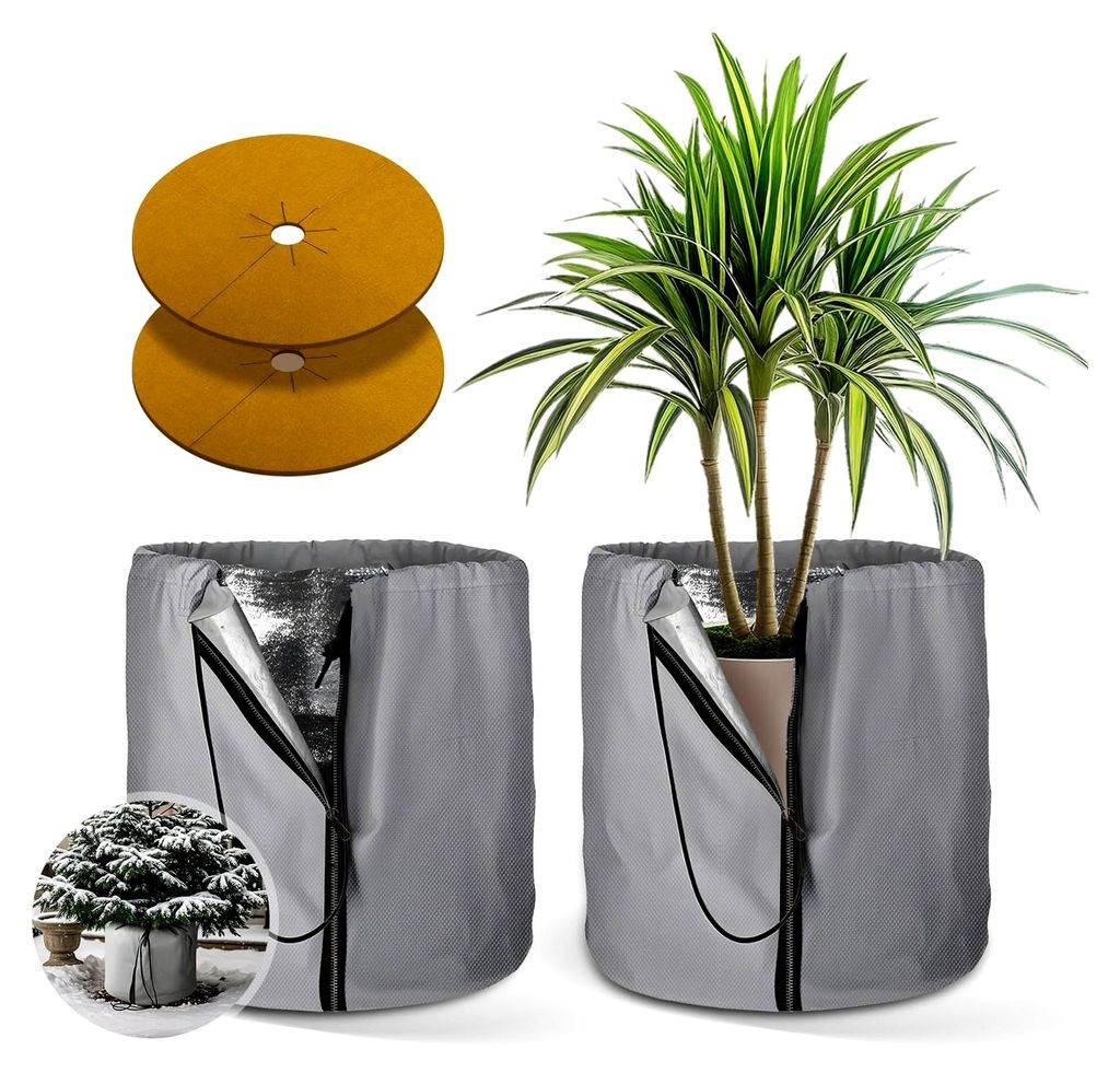 2 Stück Thermo Topfschutz 50 x 45 cm mit 2 Stück Fasermatte, Winterschutz für Pflanzen mit Zugband und Reißverschluss