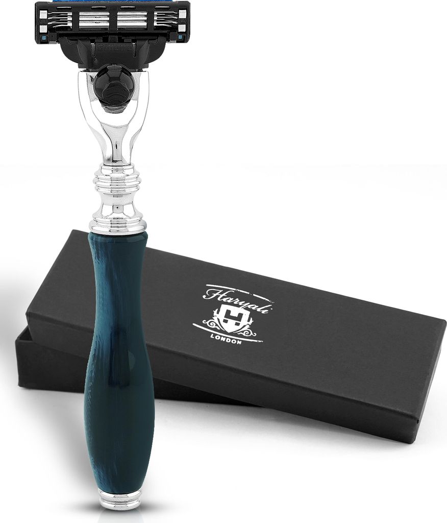 Nassrasierer Premium 3-Klingen Herrenrasierer, Ergonomischer Herrenrasierer, Blau Packung, Verstellbarer Rasierer mit hochwertiger Messing Harzbeschic