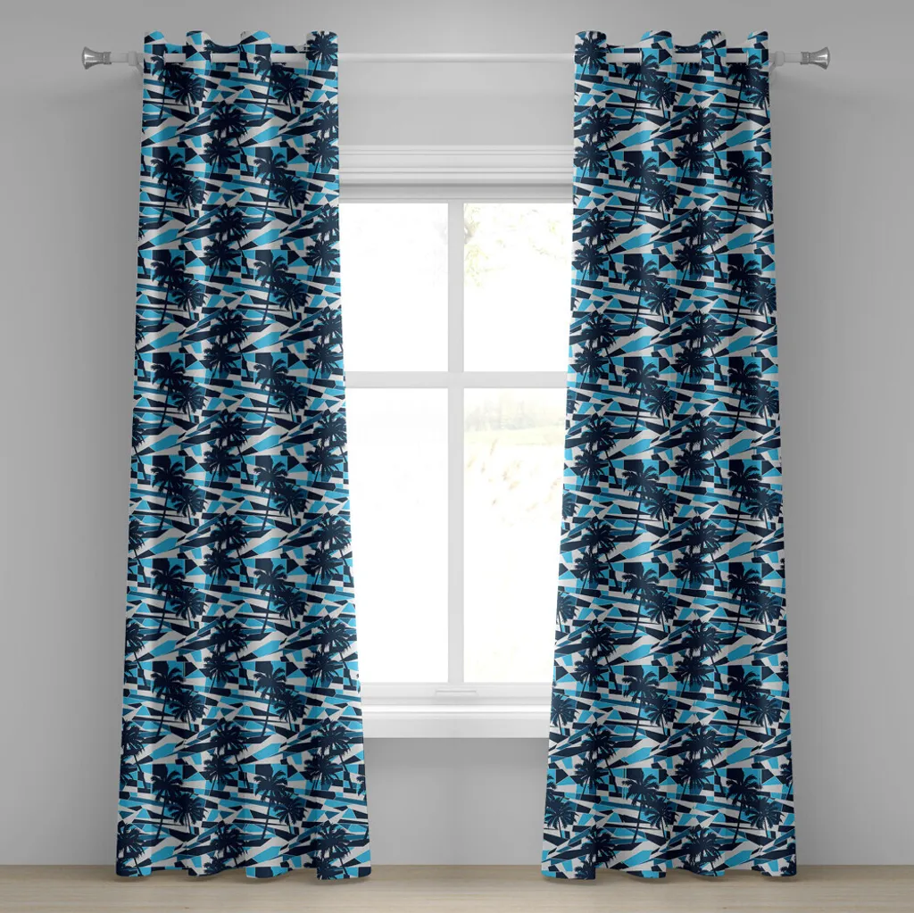 ABAKUHAUS Tenda con occhielli Palme, Fractal, sfondo geometrico con ombre blu e sagome di alberi, tende decorative a 2 pannelli, 280 cm x 225 cm, blu blu scuro bianco