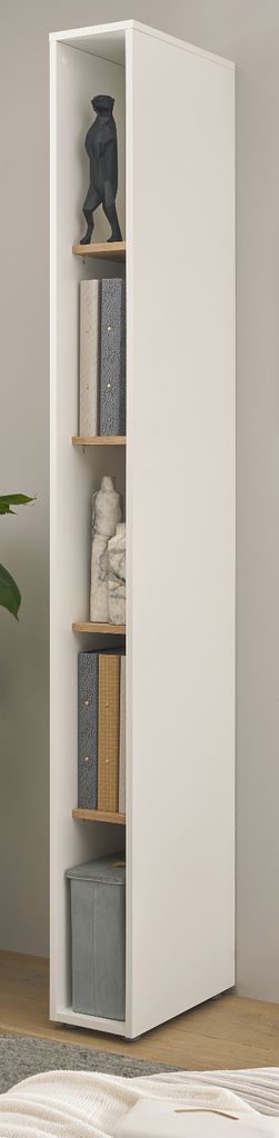 A tall, narrow white shelving unit with wooden shelves, displaying books and decorative items.