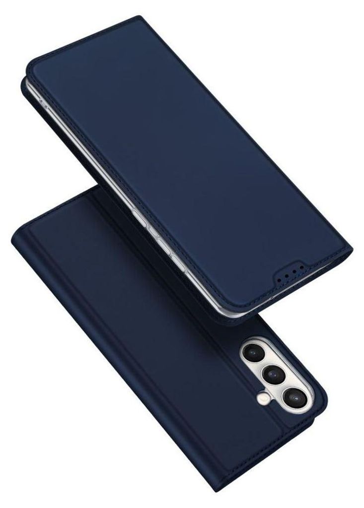 A dark blue flip case for a smartphone, shown from a diagonal angle with the front cover open.