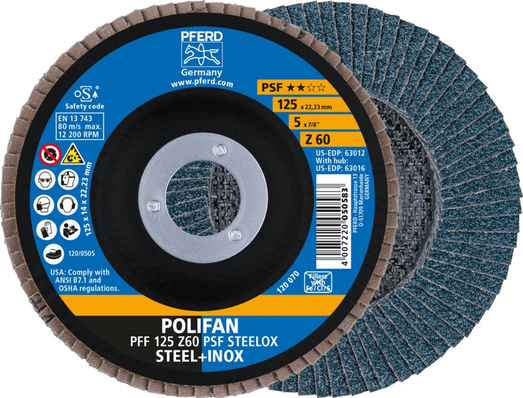 PFERD TOOLS POLIFAN Fächerscheibe PFF 125x22,23 mm flach Z60 Universallinie PSF STEELOX Stahl/Edelstahl