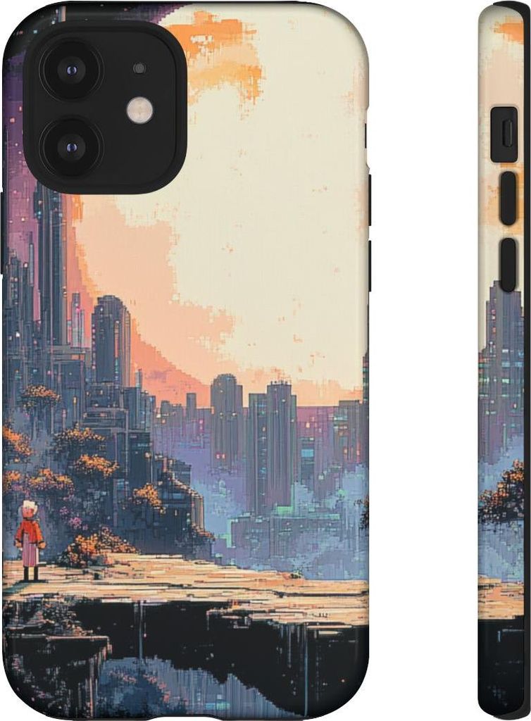 Pixel-Art-Stadtlandschaft mit großem Mond – Hülle Kompatibel mit iPhone 12