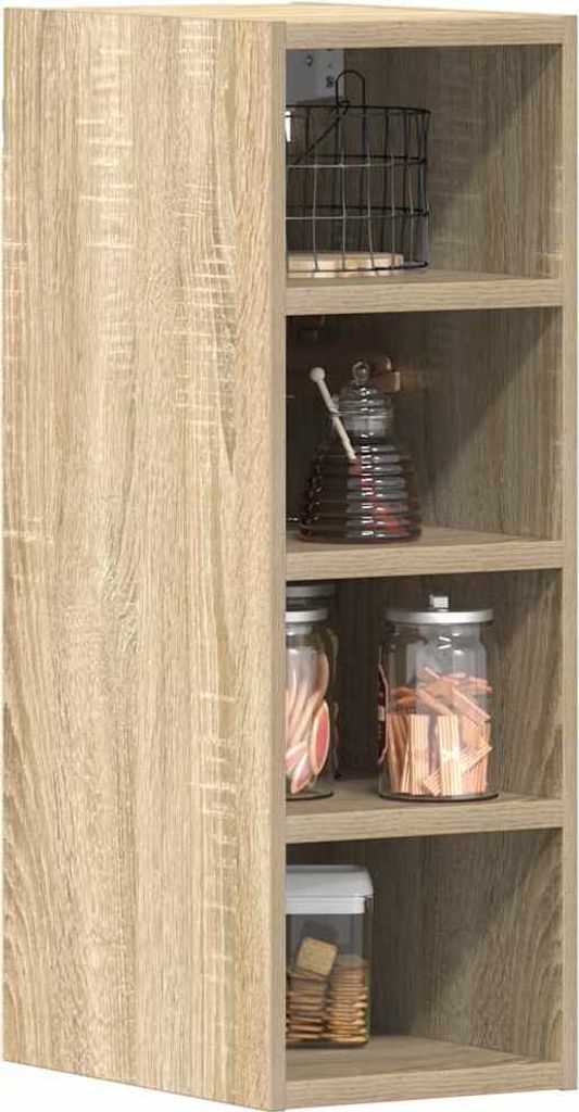 A narrow wooden shelving unit with various items on its shelves.